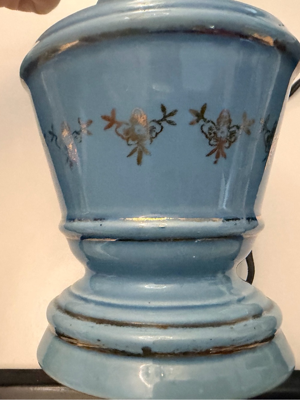 Vintage Blue Ceramic Table Lamp with Gold Floral Detail